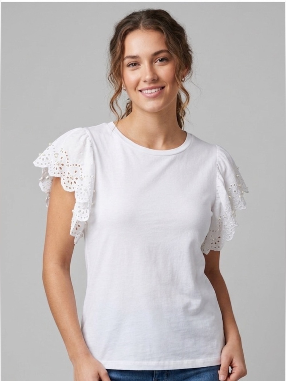 Occasion White Eyelet Flutter Sleeve Tee